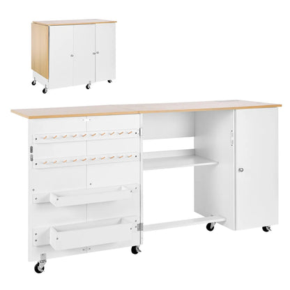 Folding Sewing Table with Cabinet and Charging Station