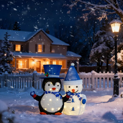 Set of 2 Pre-Lit Plush Penguin and Snowman Christmas Decorations
