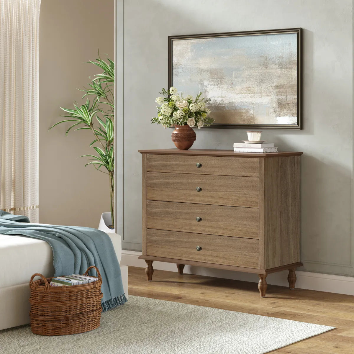 Large 4-Drawer Chest Dresser, Antique Light Brown Finish – view 3