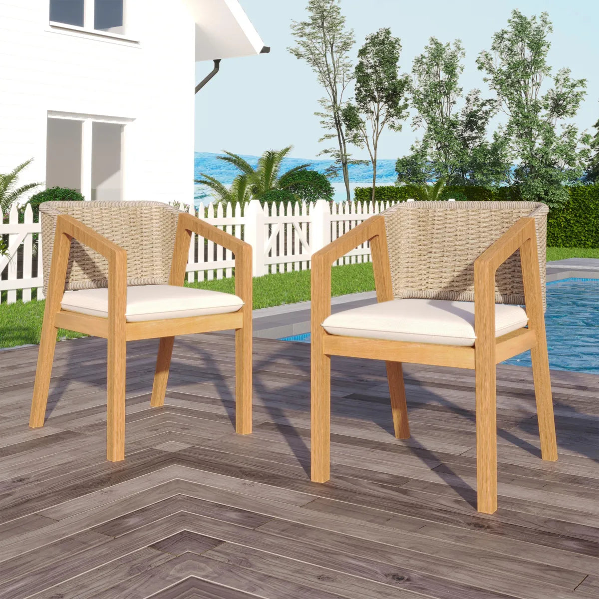 Rattan Wicker Patio Dining Chairs with Cushions, Set of 2, Light Teak