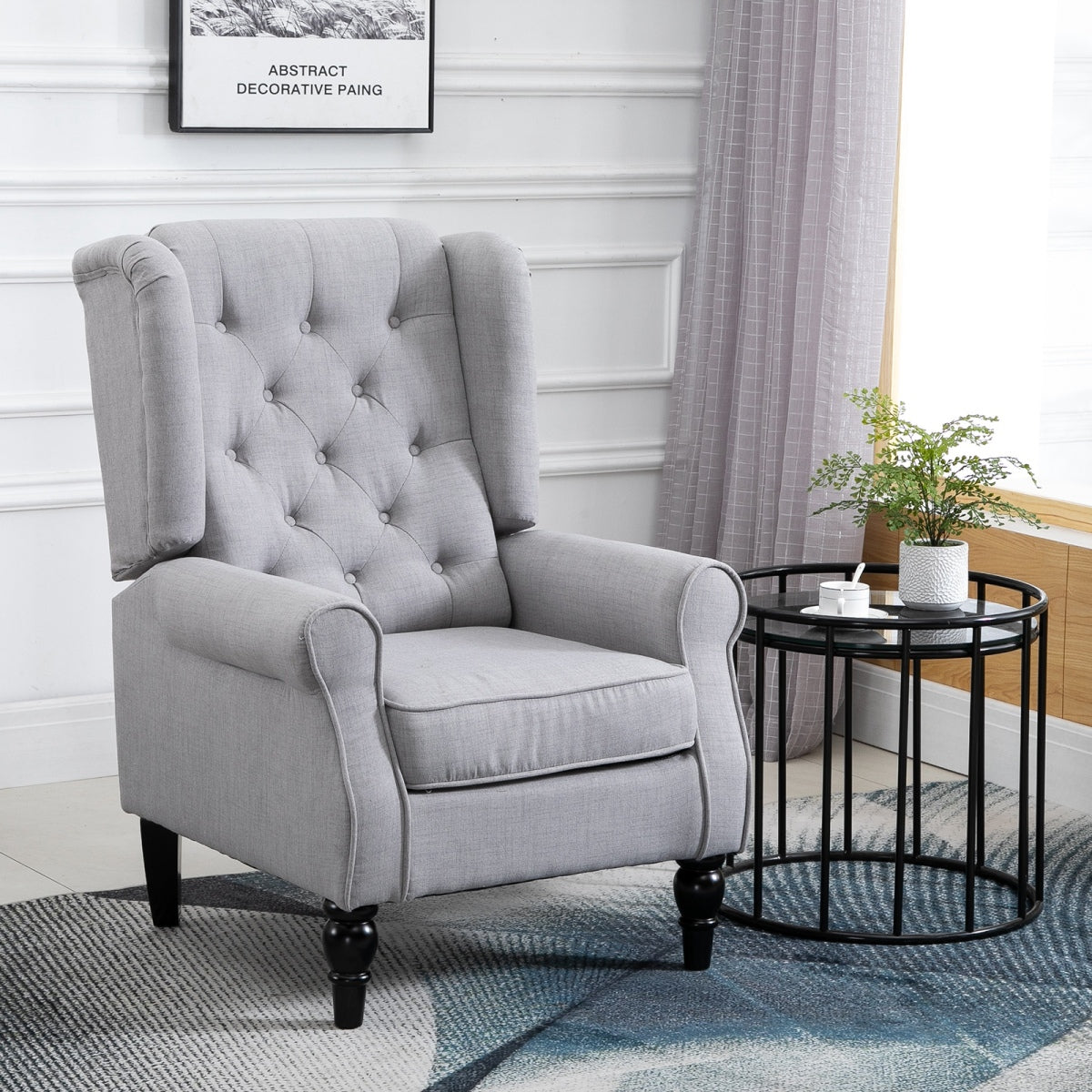 Gray fabric tufted club accent chair with wooden legs
