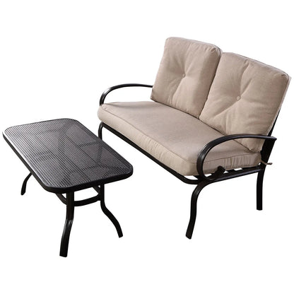 2-Piece Patio Loveseat and Coffee Table Set with Beige Cushions