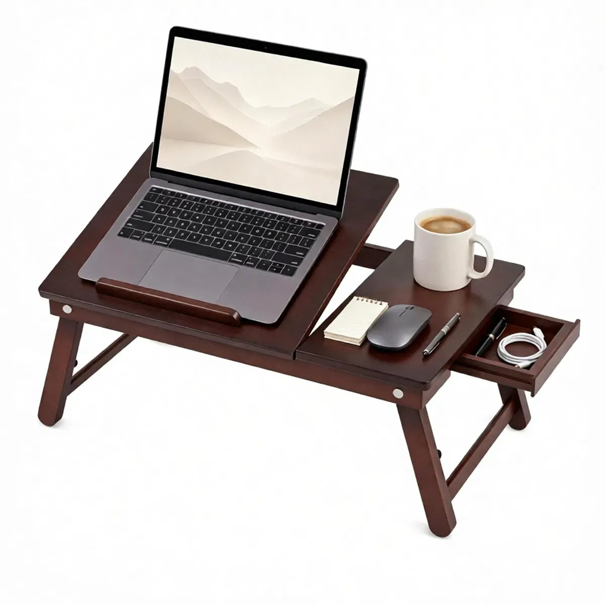 Adjustable Bamboo Laptop Bed Tray with Storage Drawer, Brown
