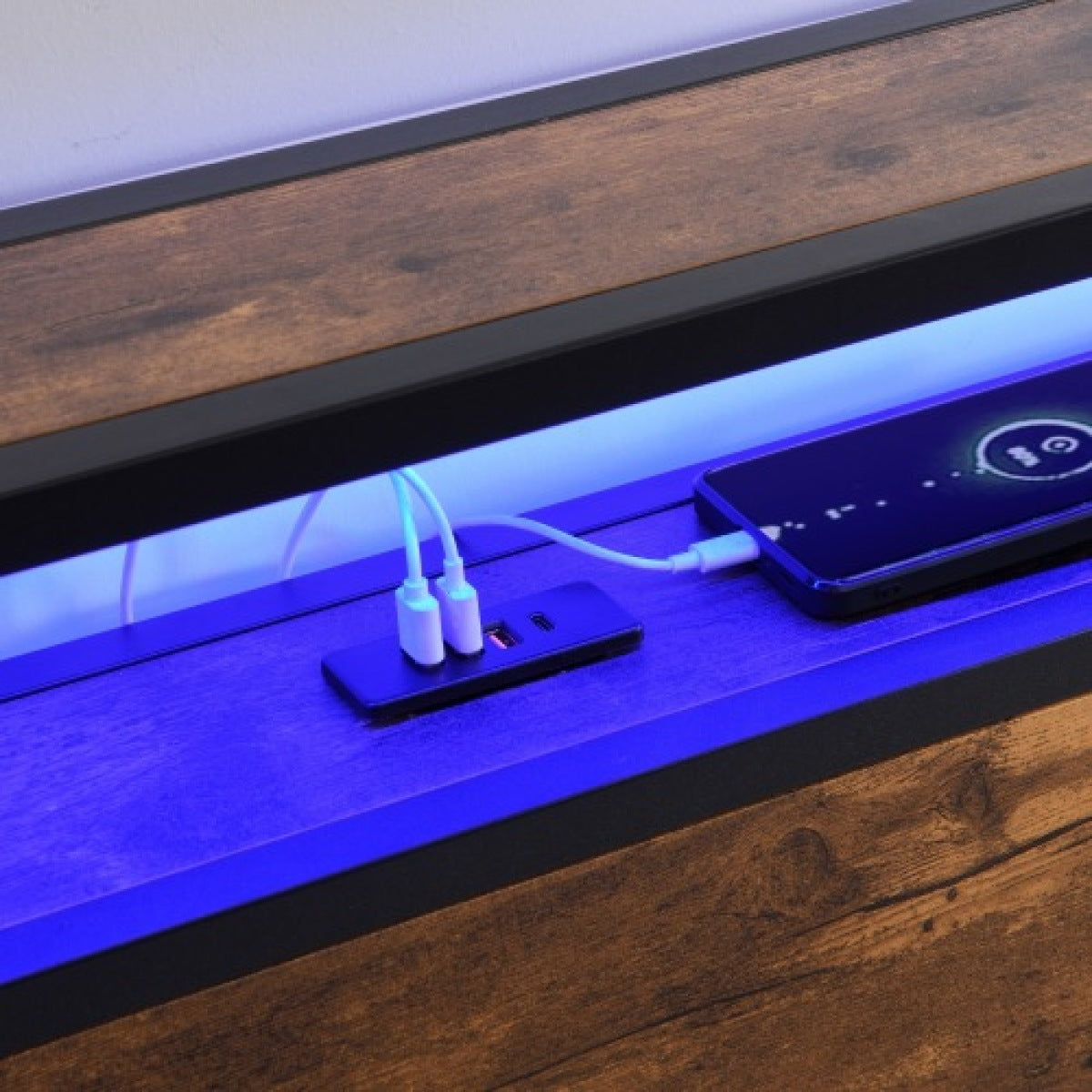 Full Size LED Platform Bed Frame – Metal & Wood, Storage Headboard – view 7