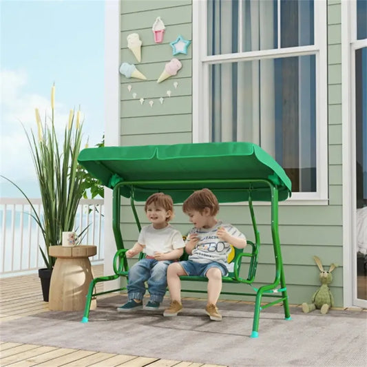 Kids Outdoor Glider Swing Bench with Green Canopy