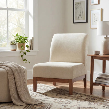 Beige Fabric Accent Chair with Walnut Frame