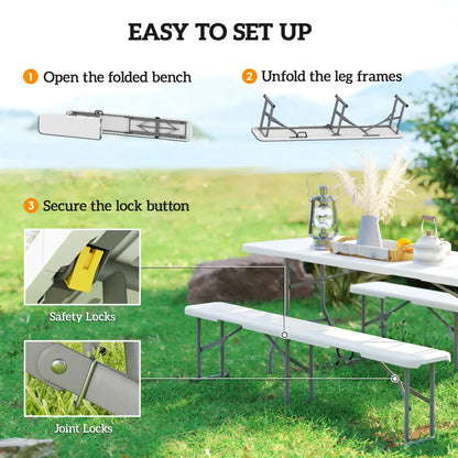 Folding Outdoor Bench Set of 2 – Weatherproof HDPE Camping & Garden Benches, White – view 4