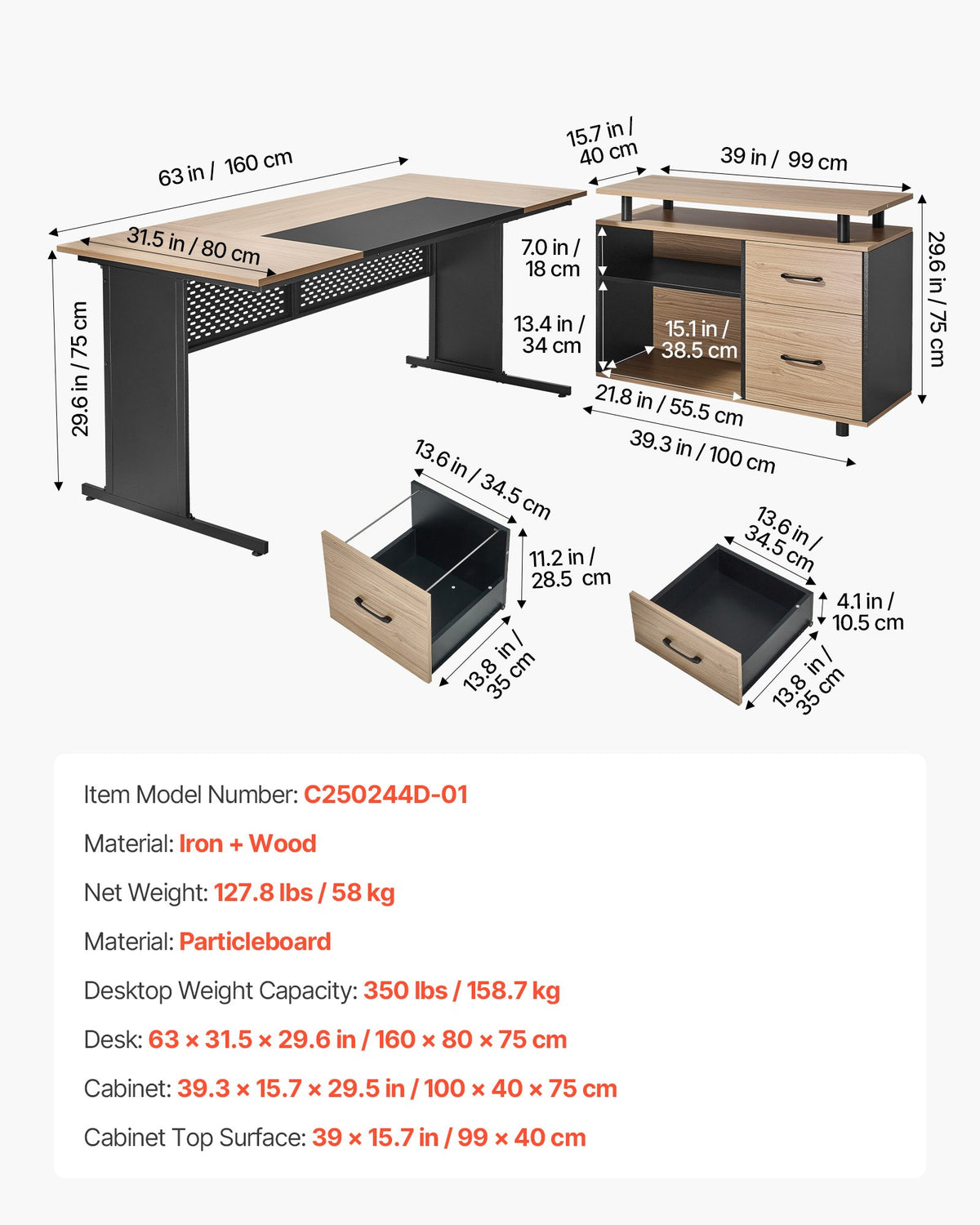 L-shaped executive desk with lockable drawers