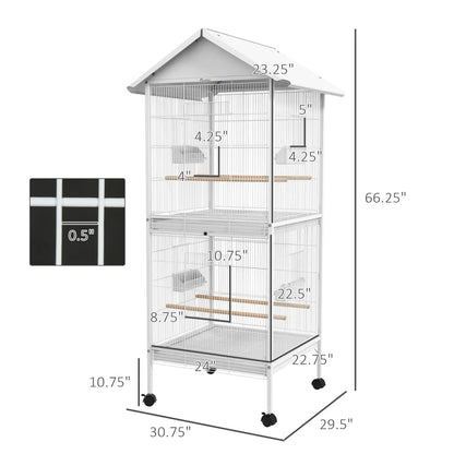 Wrought Metal Bird Cage Feeder with Rolling Stand, White