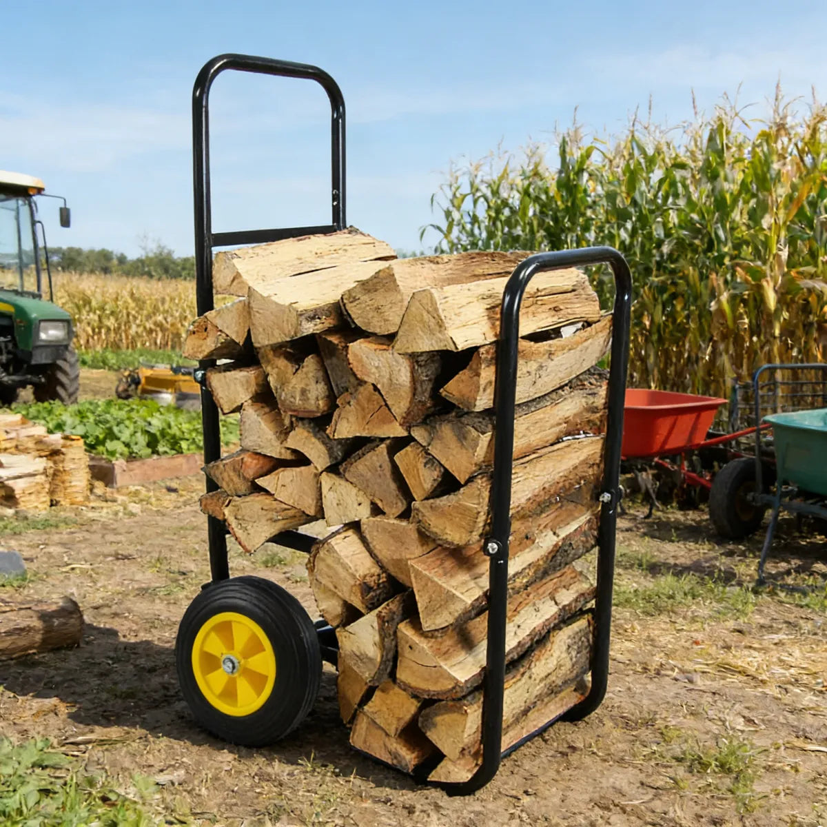Rolling Firewood Log Cart, Steel Wood Rack Storage Carrier with Wheels