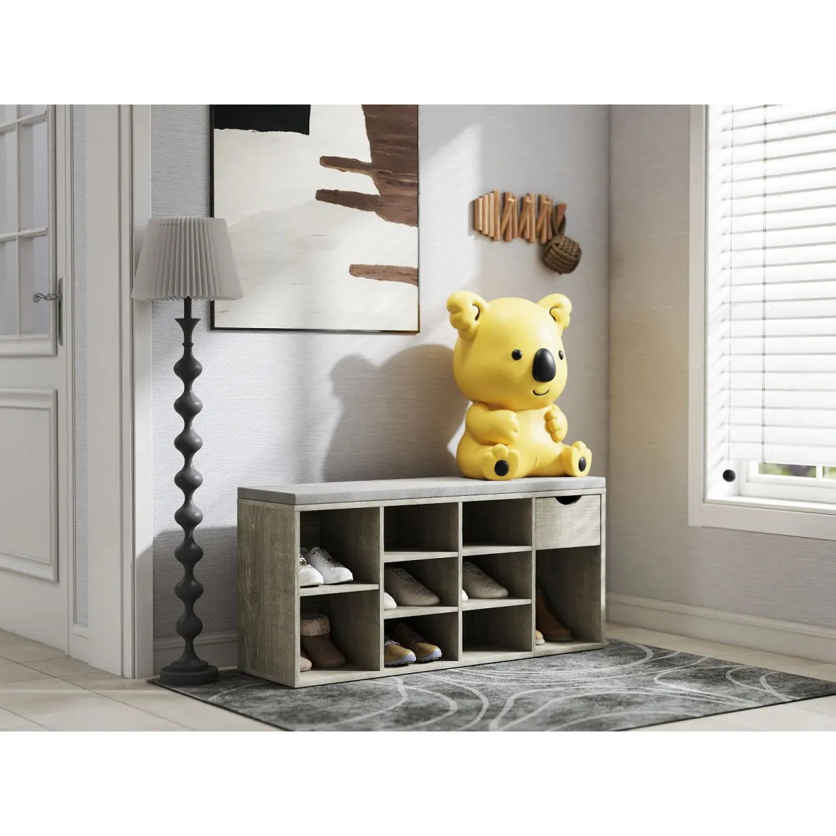 Storage Bench – 3-Tier Shoe Rack Entryway Bench with Padded Cushion & Drawer, Gray