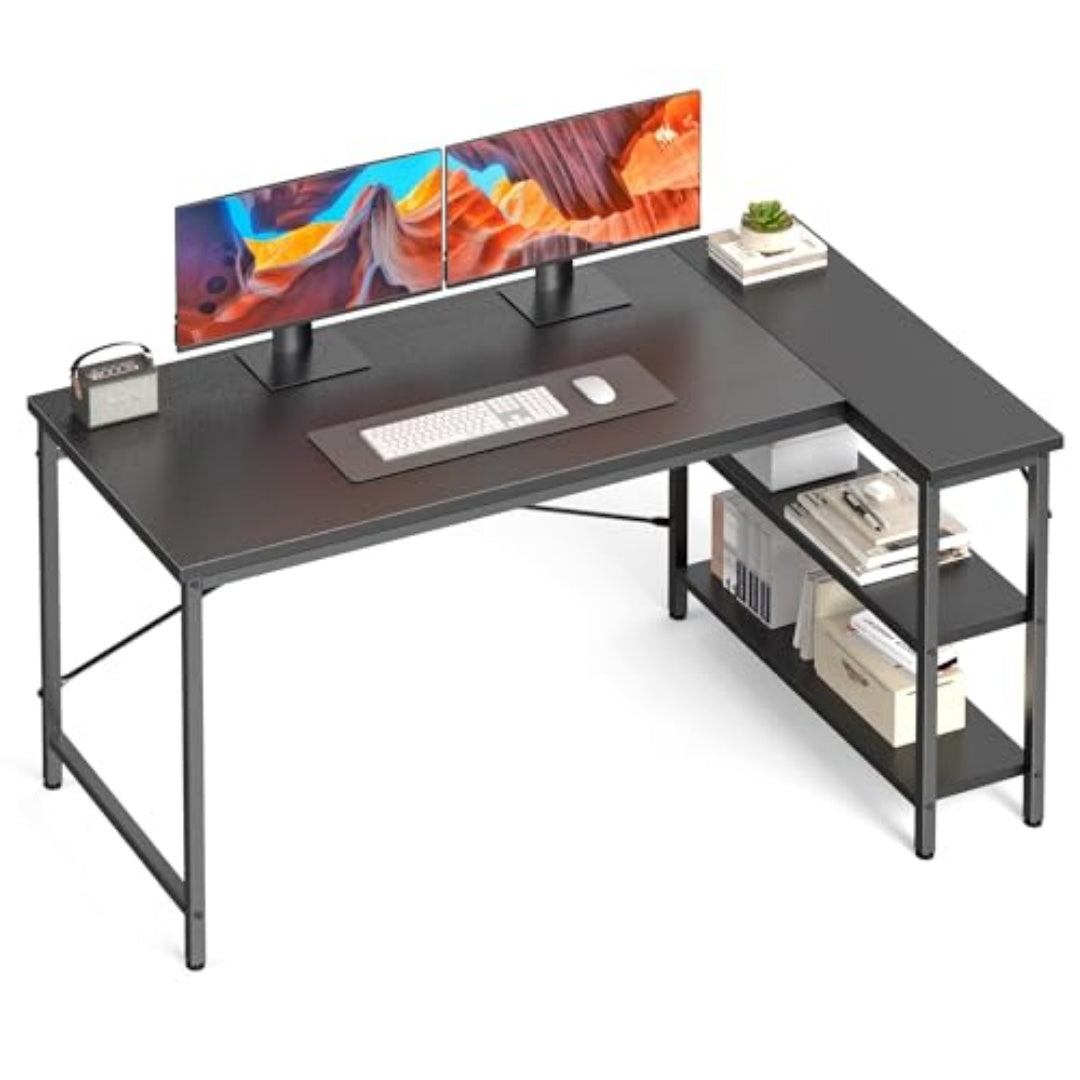 L-shaped reversible storage desk with shelving