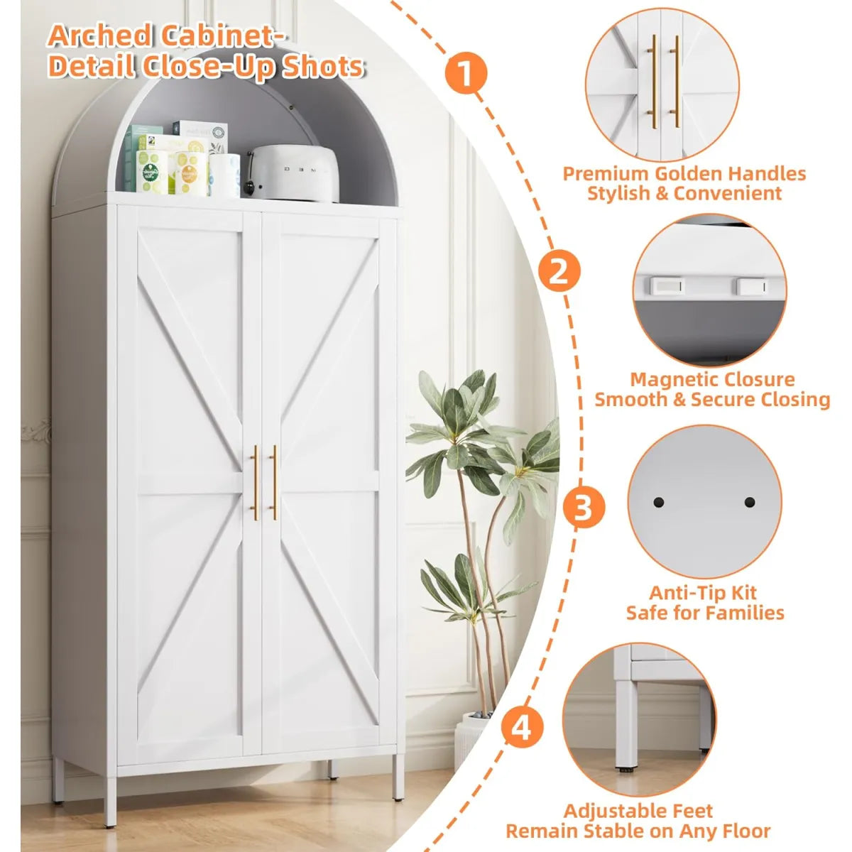 31" Tall Arched Kitchen Pantry Cabinet – Metal, White Freestanding Storage – view 4