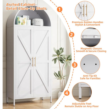 31" Tall Arched Kitchen Pantry Cabinet – Metal, White Freestanding Storage – view 4