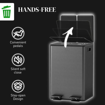 Dual Trash Can with Soft-Close Foot Pedal – 2-Compartment Recycling Bin, Black