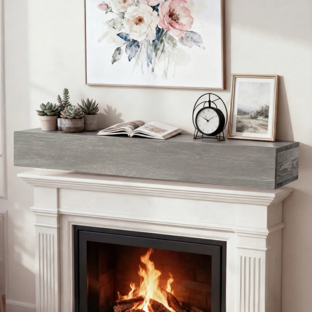 60" Rustic Wood Fireplace Mantel, Floating Wall Shelf