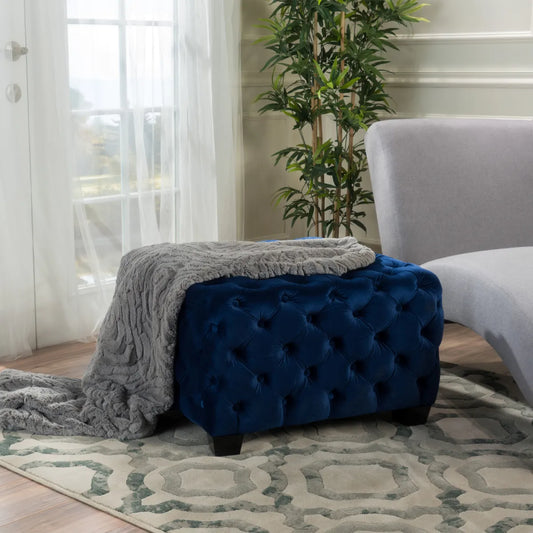 Velvet Button-Tufted Ottoman, Navy Blue