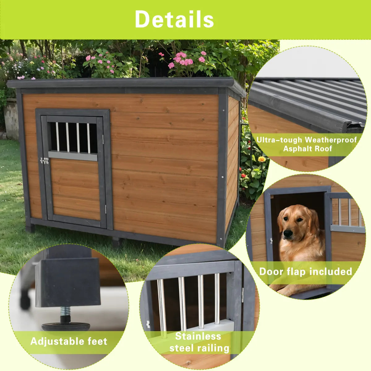 45" Large Wooden Dog House with Waterproof PVC Roof, Gray and Yellow