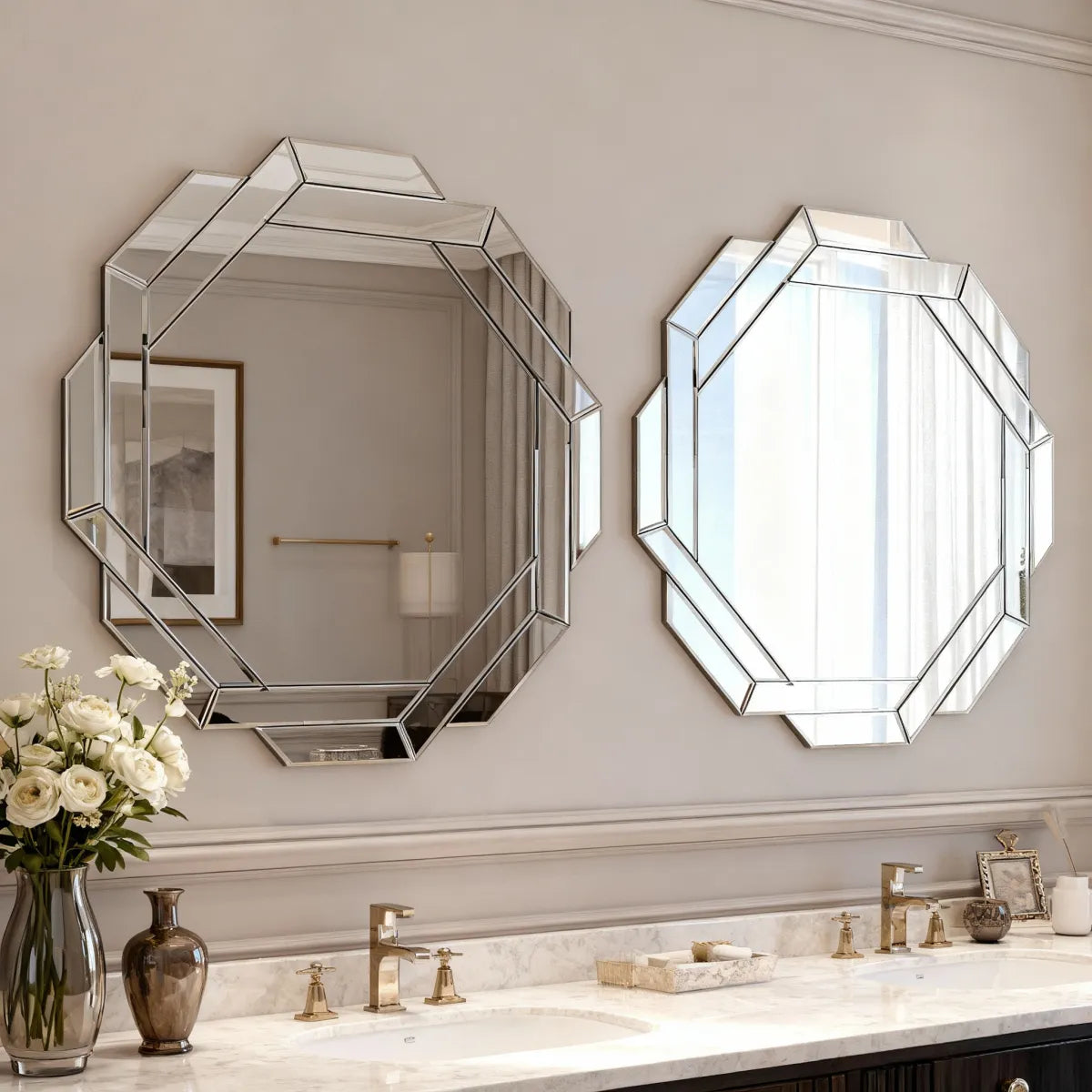 Octagonal Frameless Beveled Wall Mirror, Silver