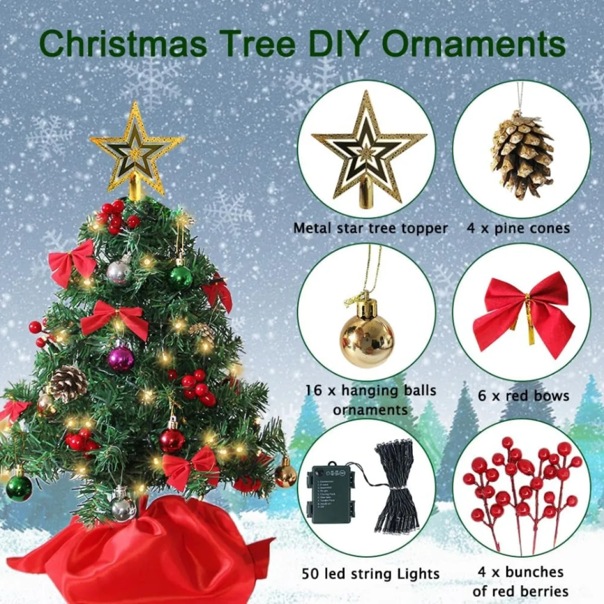 Tabletop Mini Christmas Tree Set with 50 LED Lights and Ornaments