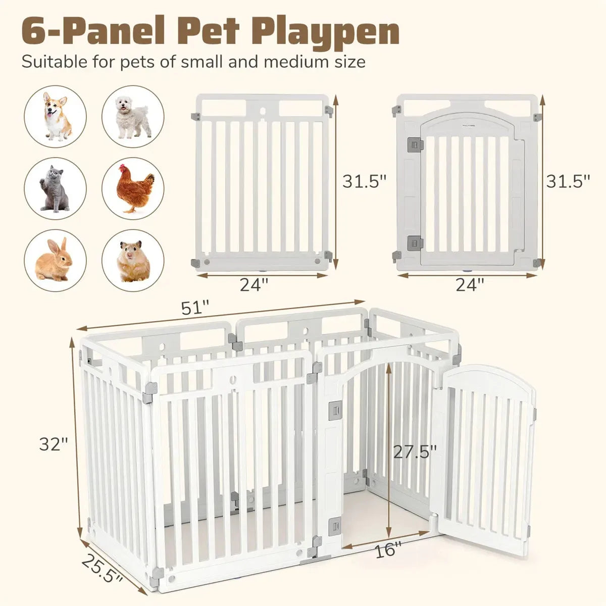 6-Panel HDPE Dog Playpen – Convertible Fence with Lockable Door