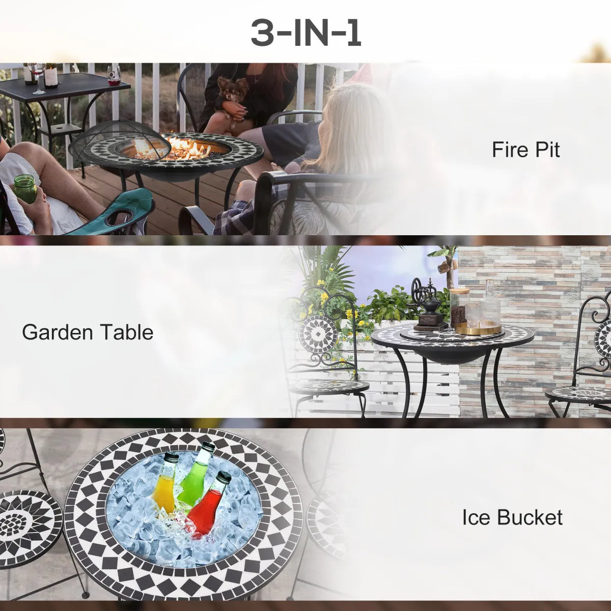 30" Round Fire Pit Dining Table – 3-in-1 Wood-Burning with Ice Bucket