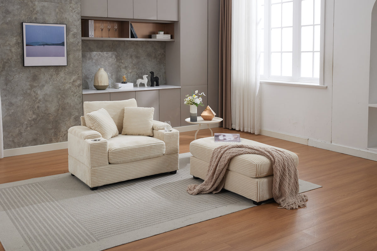 Corduroy Chaise Lounge Sofa with Ottoman, Beige – alternate view 1