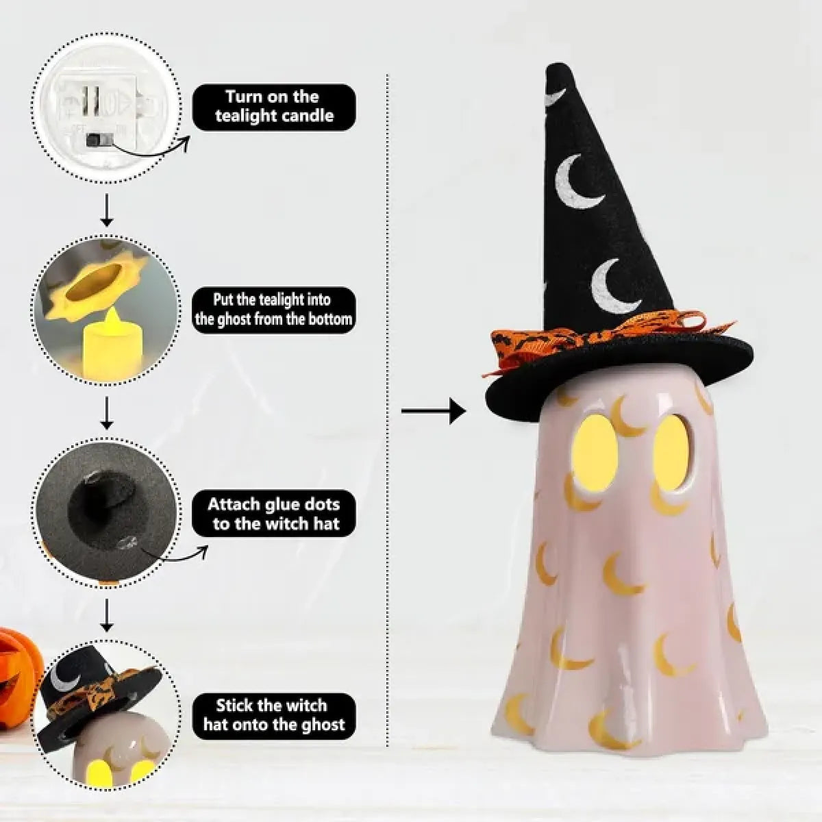Set of 3 Ceramic Halloween Ghosts with Witch Hats, Spooky Mantel and Shelf Decor