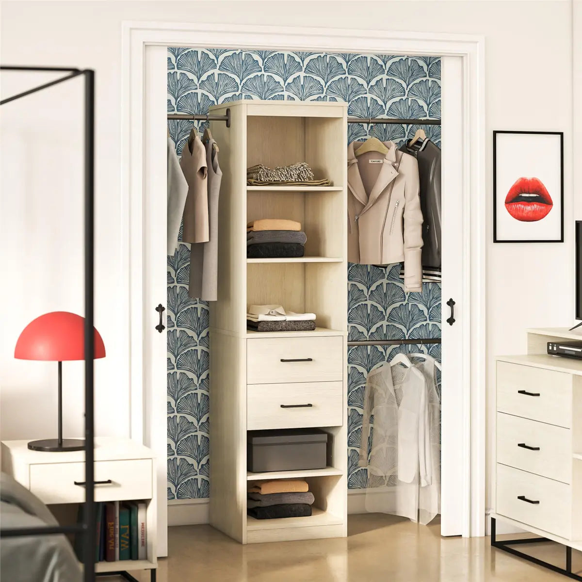 5-Shelf Closet Organizer with 2 Drawers and Adjustable Hanging Rods, Ivory