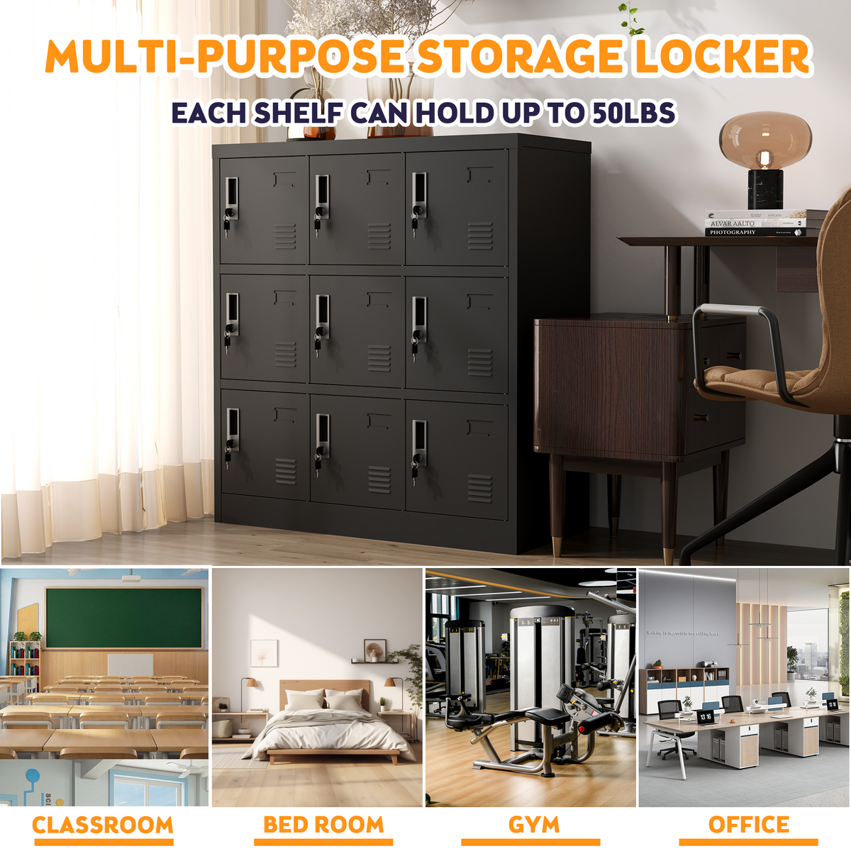 9-door metal storage locker, black