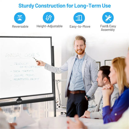 Mobile Magnetic Whiteboard on Wheels, Height Adjustable Double-Sided Reversible