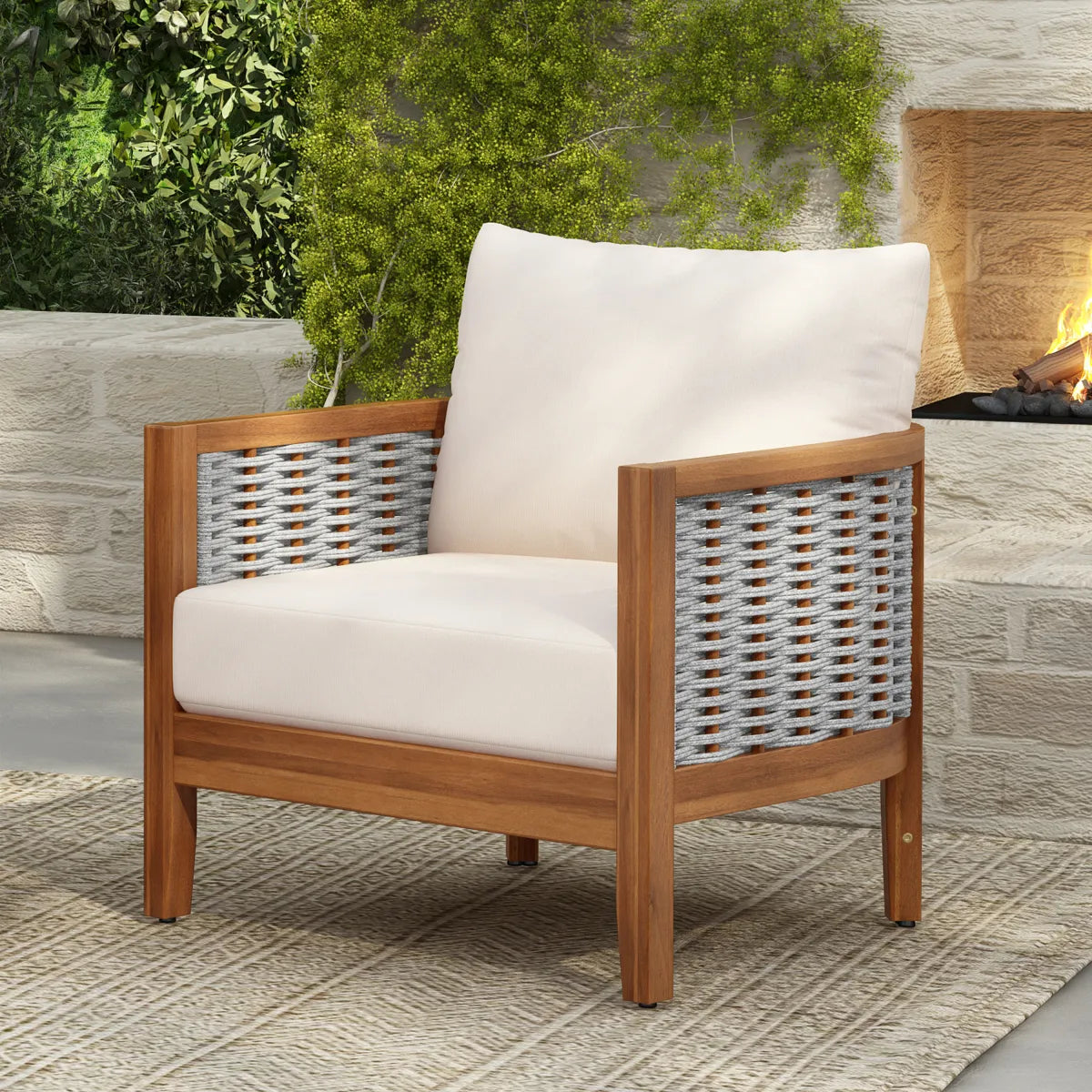 Outdoor Tub Armchair with Woven Rope, Teak Finish