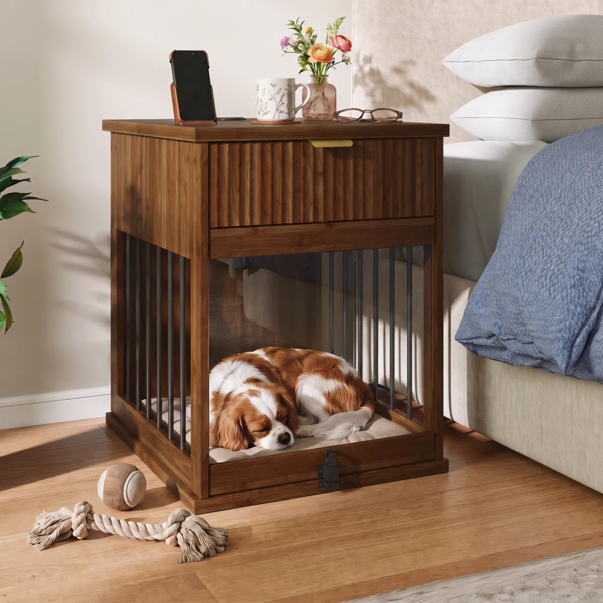 Dog Crate End Table with Charging Station, Wooden Pet Cabinet with Hideaway Glass Door