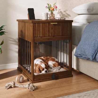 Dog Crate End Table with Charging Station, Wooden Pet Cabinet with Hideaway Glass Door