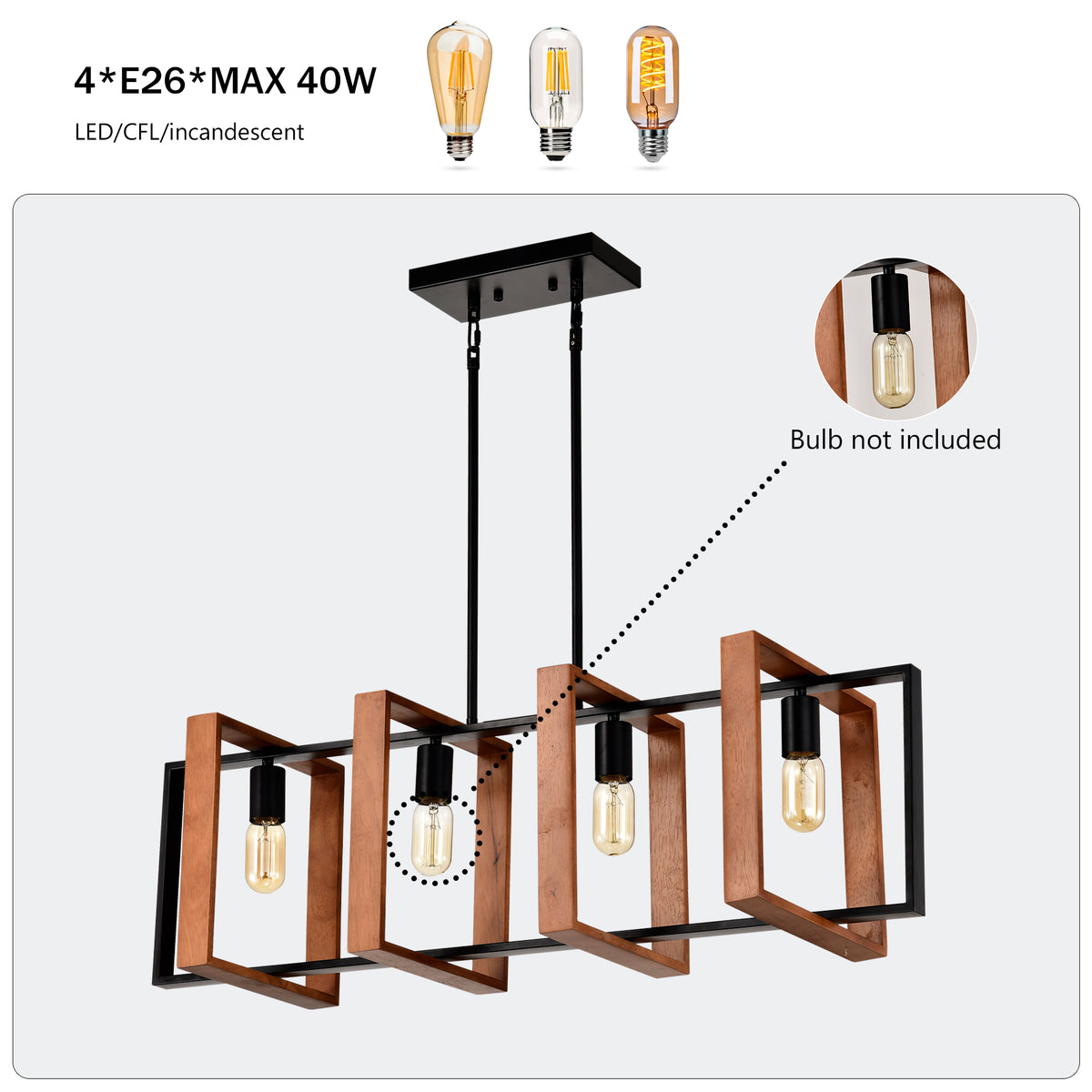 4-light farmhouse rectangular pendant, wood and black
