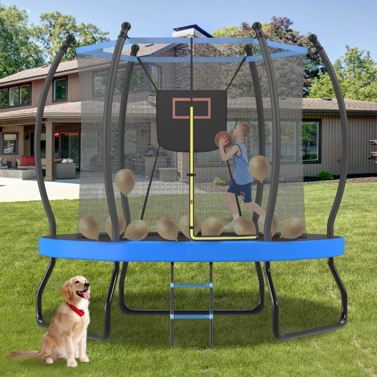 Outdoor Trampoline with Basketball Hoop, Safety Enclosure Net and Ladder for Kids, Blue