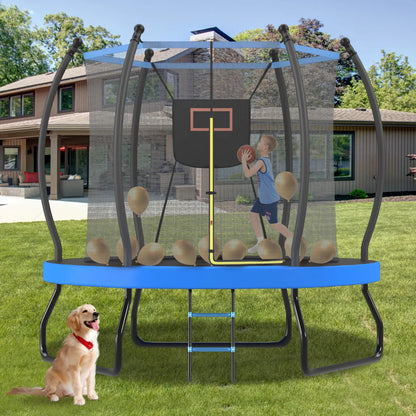 Outdoor Trampoline with Basketball Hoop, Safety Enclosure Net and Ladder for Kids, Blue