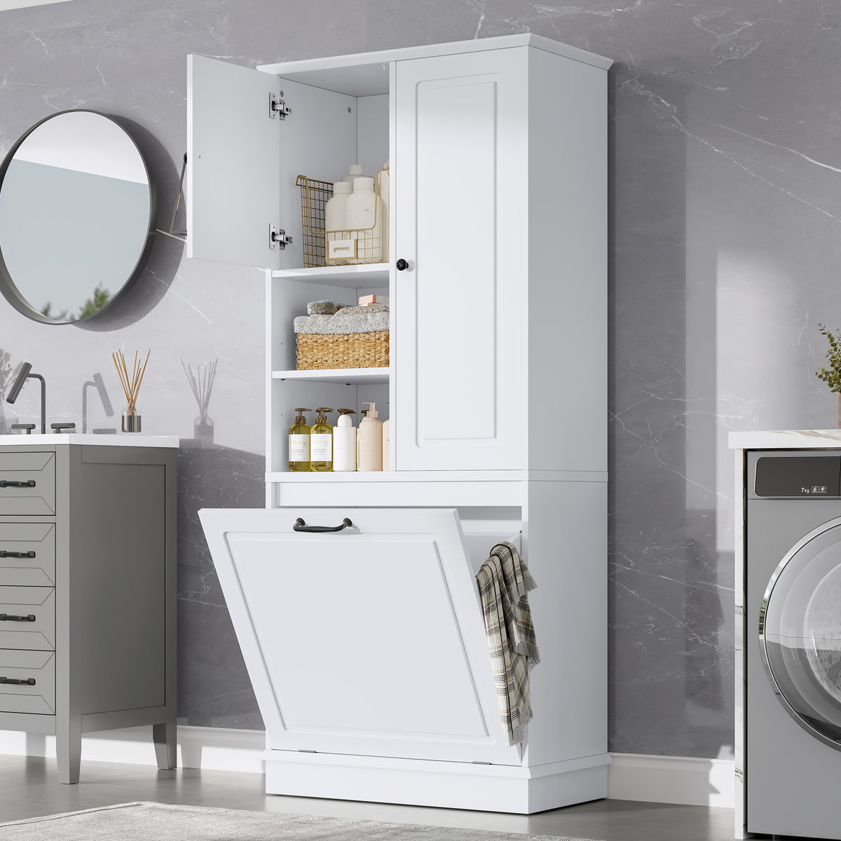 Tall Storage Cabinet with Flip-Out Basket, White