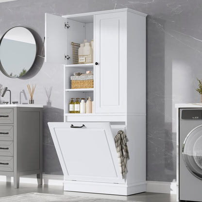 Tall Storage Cabinet with Flip-Out Basket, White