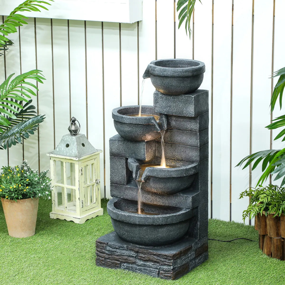 30" Tall Outdoor Waterfall Fountain, 4-Tier, Gray
