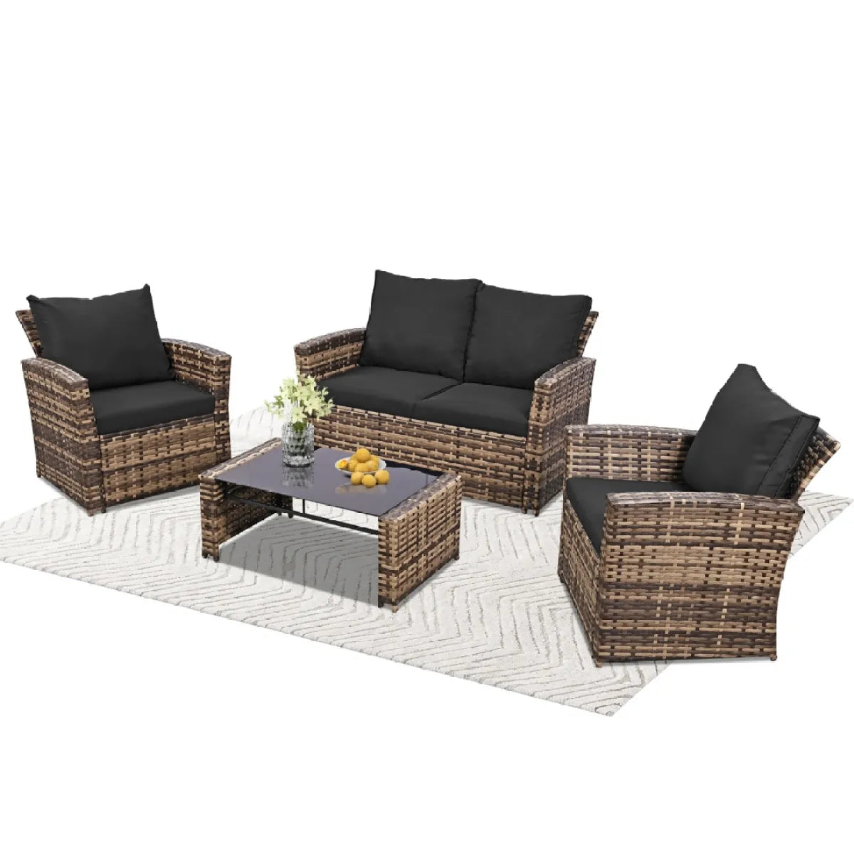 4-Piece Wicker Rattan Patio Conversation Set with Glass Table, Brown