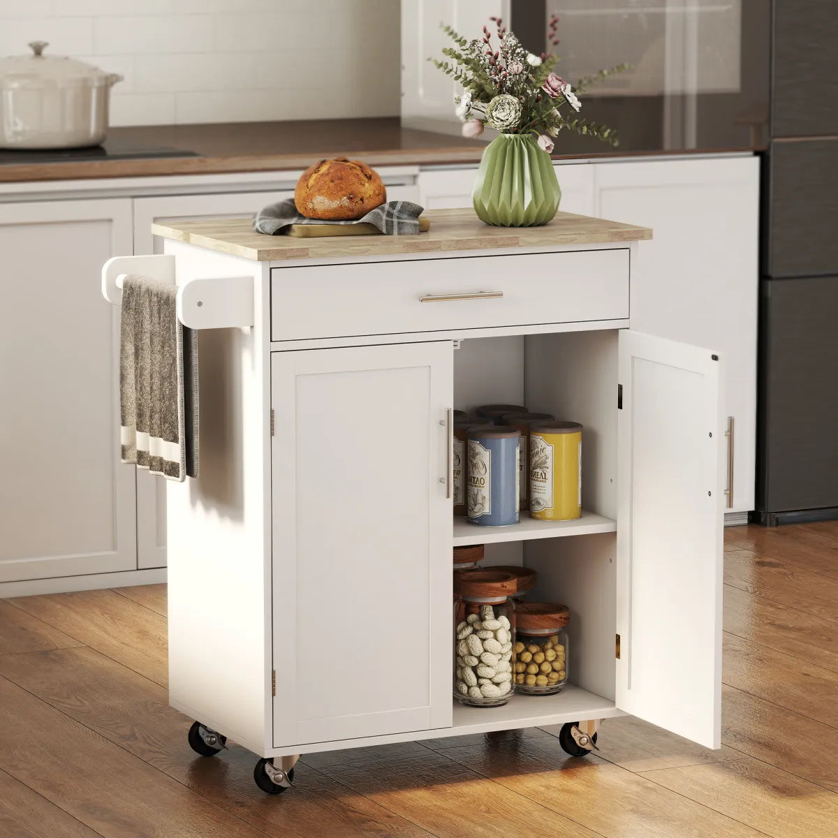 Rolling Kitchen Island Cart with Solid Wood Top & Storage