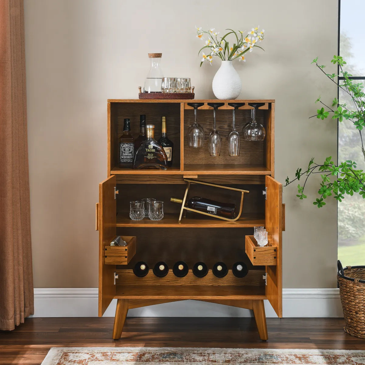 31.5" Rustic Liquor Cabinet with Wine Rack & Glass Holder – view 3