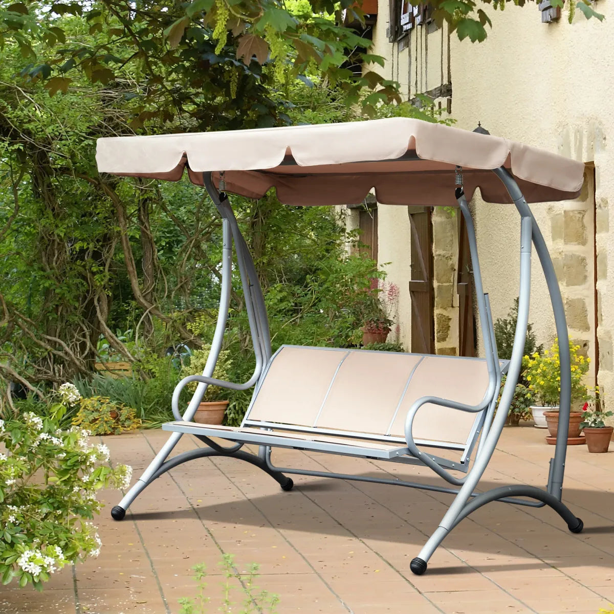 Outdoor Porch Swing Bench with Stand and Adjustable Canopy, Beige