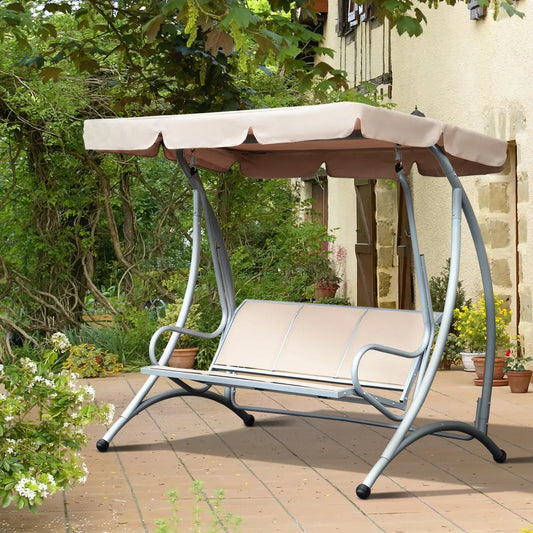 Outdoor Porch Swing Bench with Stand and Adjustable Canopy, Beige