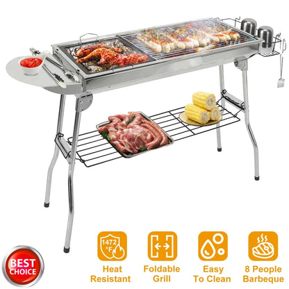 Foldable Stainless Steel Charcoal BBQ Grill – Portable Picnic & Camping Barbecue