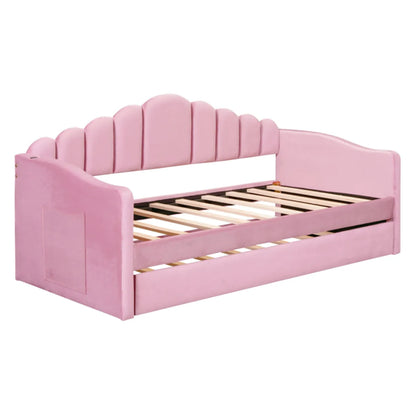 Twin Size Upholstered Daybed with Trundle – Velvet Sofa Bed with USB Charging, Pink – view 6