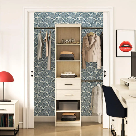 5-Shelf Closet Organizer with 2 Drawers and Adjustable Hanging Rods, Ivory