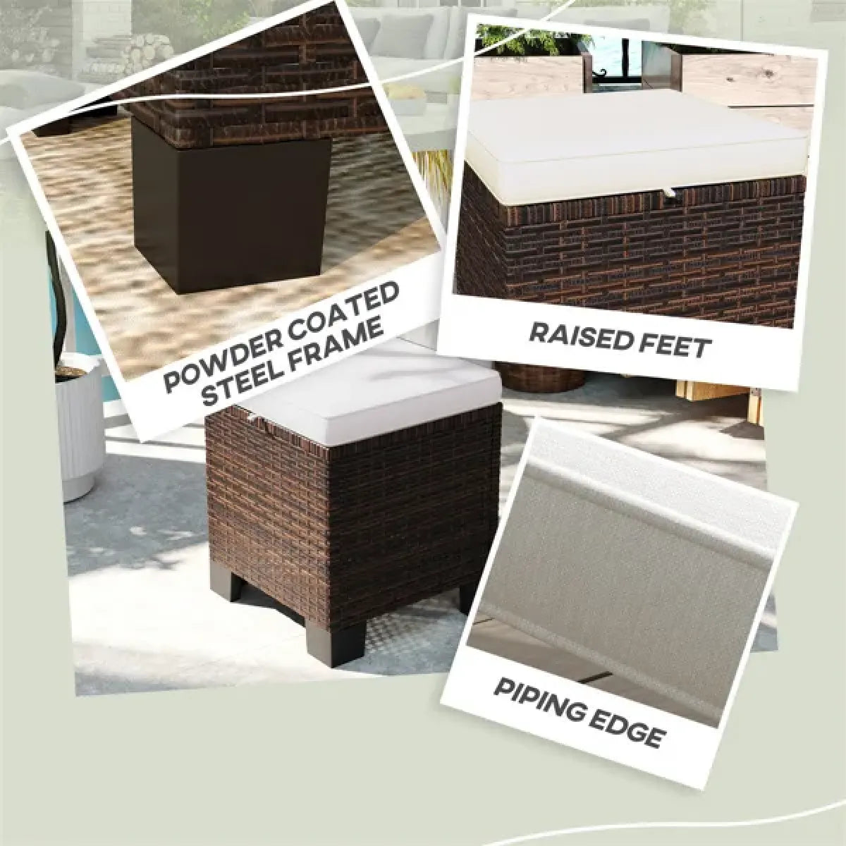 2-Piece Wicker Outdoor Ottoman Set with Cushions, Footrest and Side Table