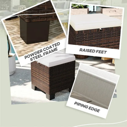 2-Piece Wicker Outdoor Ottoman Set with Cushions, Footrest and Side Table